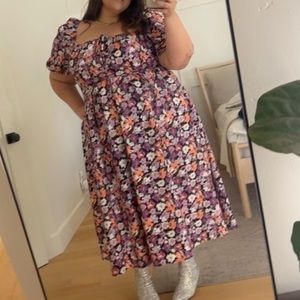 Women Dress Plus Allover Floral Print Square Neck Puff Sleeve Ruffle Hem Dress